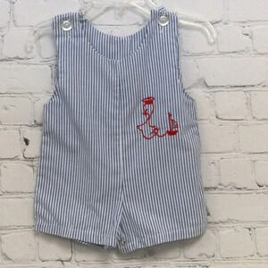 Royal Heir 12M Blue Pinstripe Duck and Boat Overall Shorts Romper for Boys